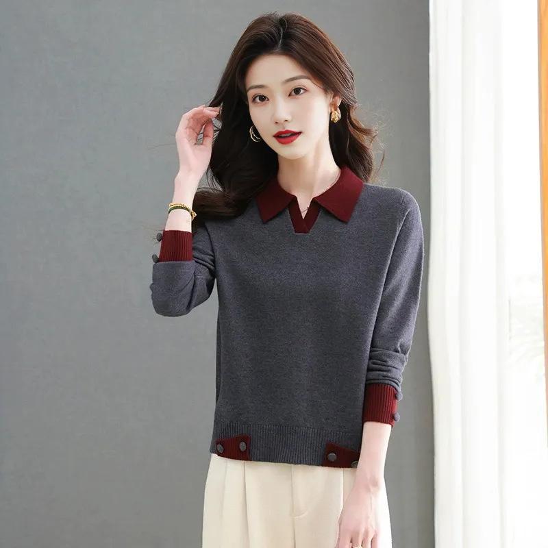 Lapel Solid Color Short Women's Knitted Sweater Pullover Base, New Autumn and Winter Fashion Temperament Sweater