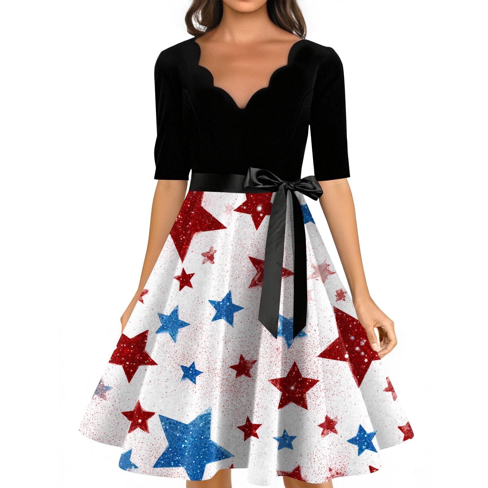 

Women s Casual Fashion V-neck Retro Short-sleeved Dress With Flag Independence Day Print XXXL червоний