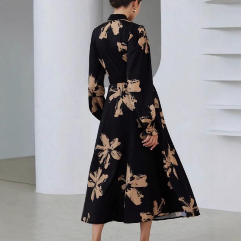 Damen Französisches Druckkleid V-Ausschnitt Langarm Taillenkleid