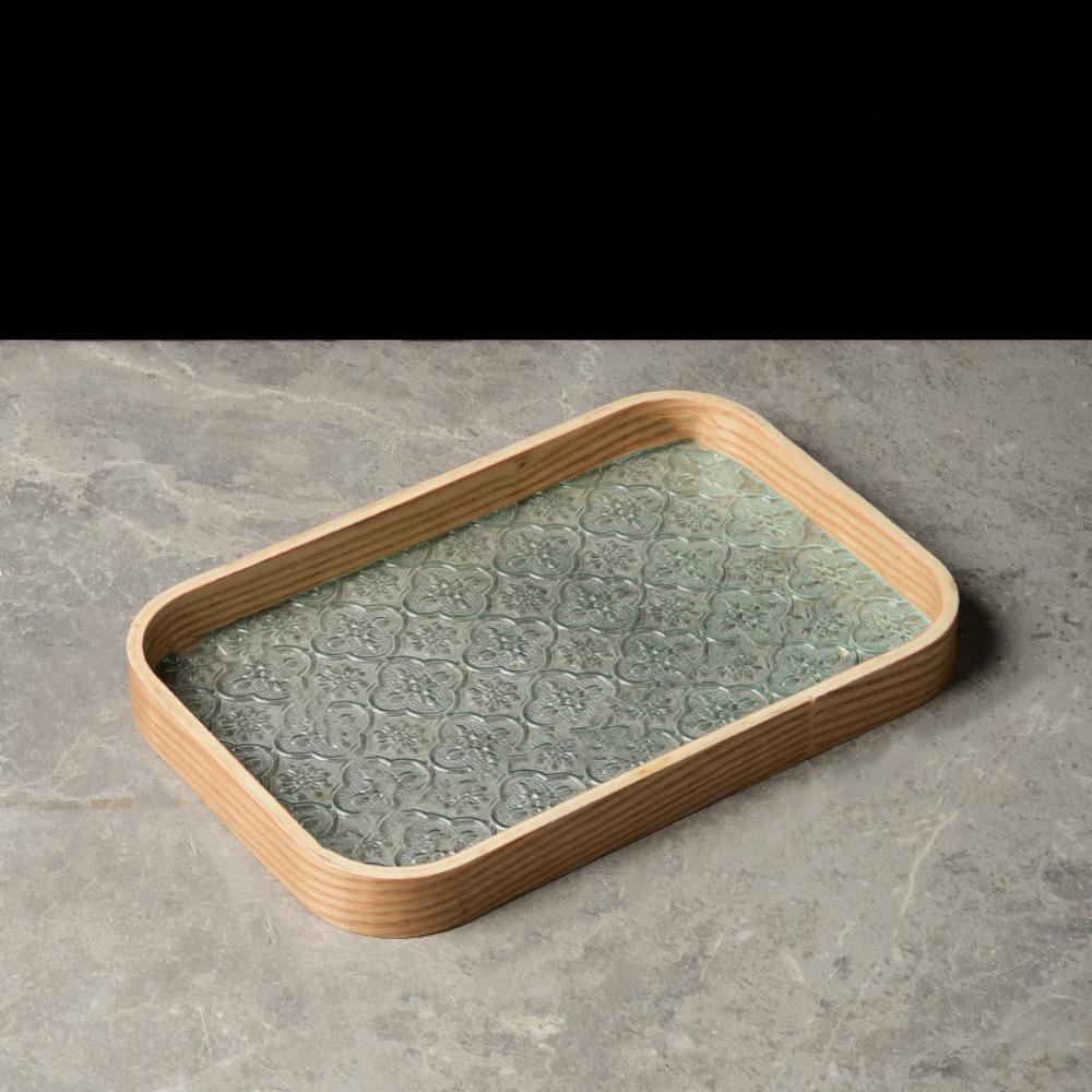 Simple Begonia Embossed Glass Tray Wooden Storage Display Plates Multi-Function Tea Tray  Desk