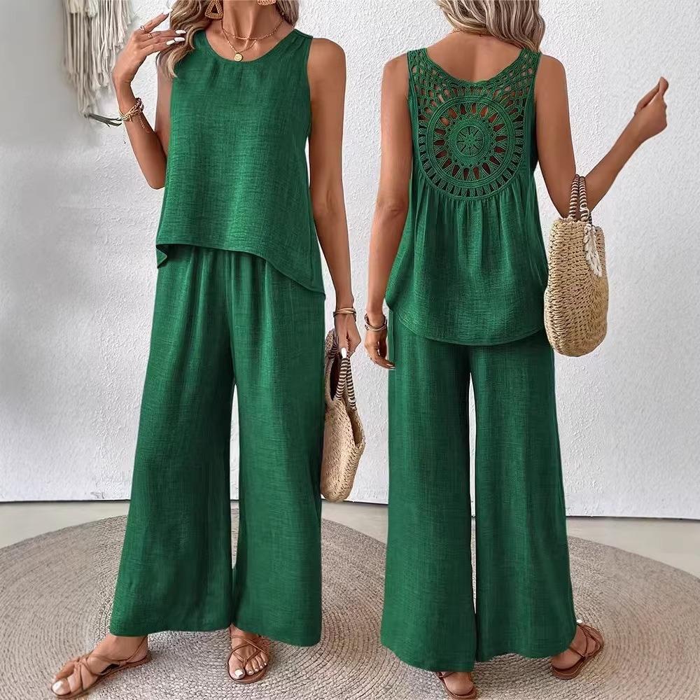 Set da donna casual alla moda, tinta unita, schiena con intaglio floreale, elegante, due pezzi