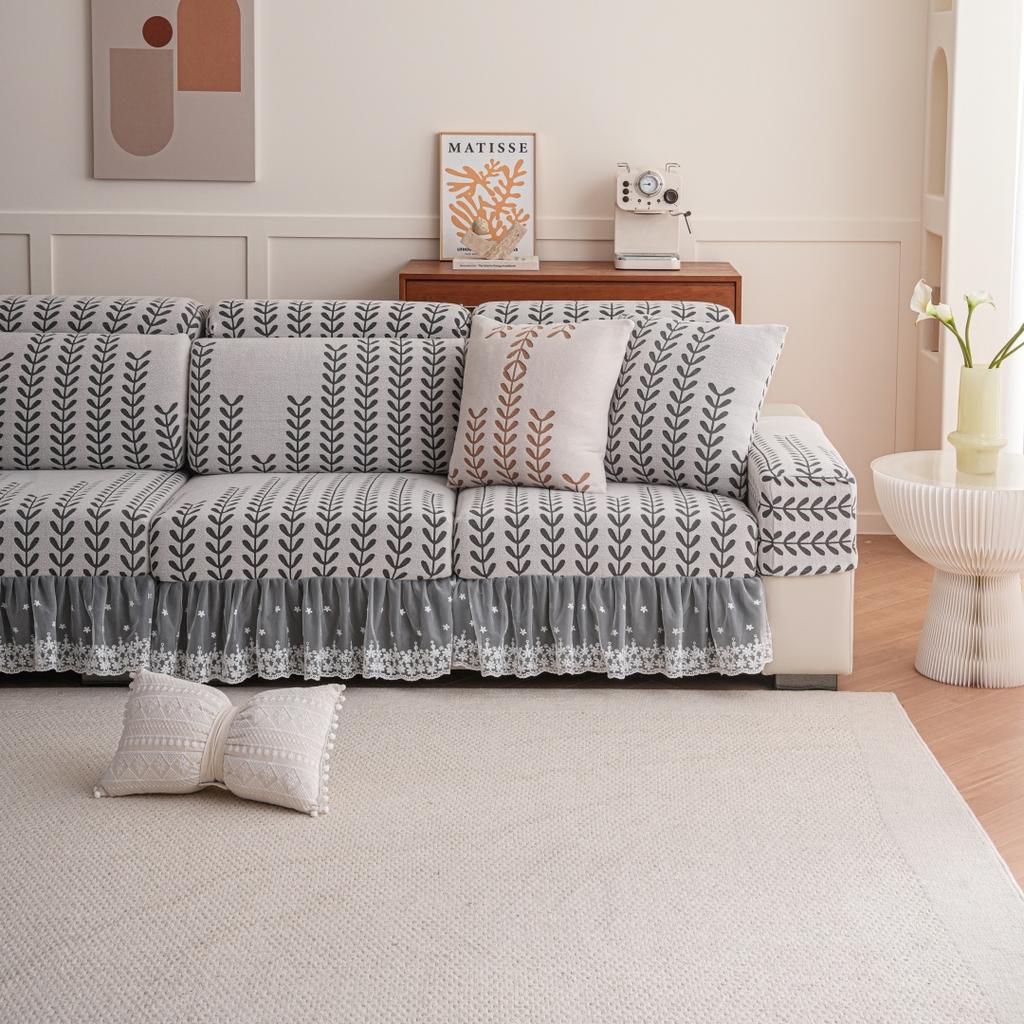 1Pc Wheat Jacquard Stretch Polar Fleece Sofa Cover With Lace Ruffle Hem Contrast Colour Sofa Slipcovers For Living Room Couch