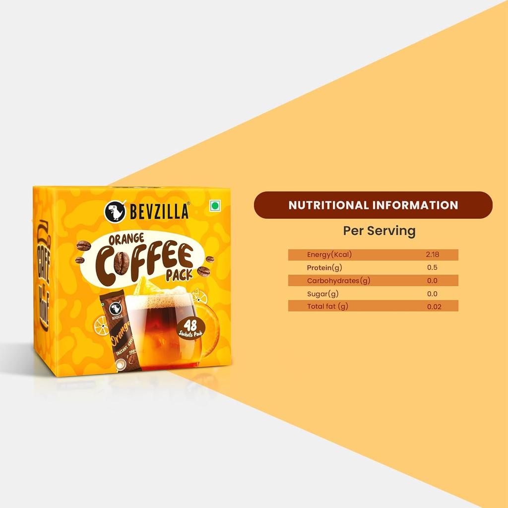 Bevzilla 48 Instant Coffee Powder Sachets (Orange) - 96 Grams | Makes 48 Cups|Arabica Coffee| Best For Espresso, Latte, Cappuccino