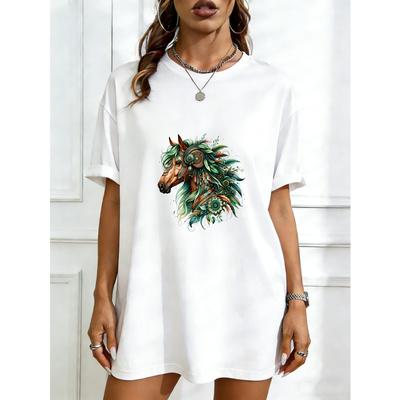 Oversized T Shirt Black Horse Floral Pattern Print Casual Wear For Women Streetwear Fashion Summer Outfit