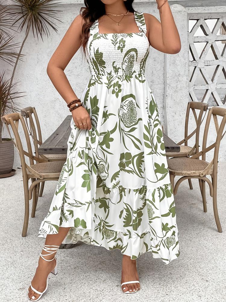 

European and American new SHEIN large size women s holiday style printed medium and long dress 4XL білий