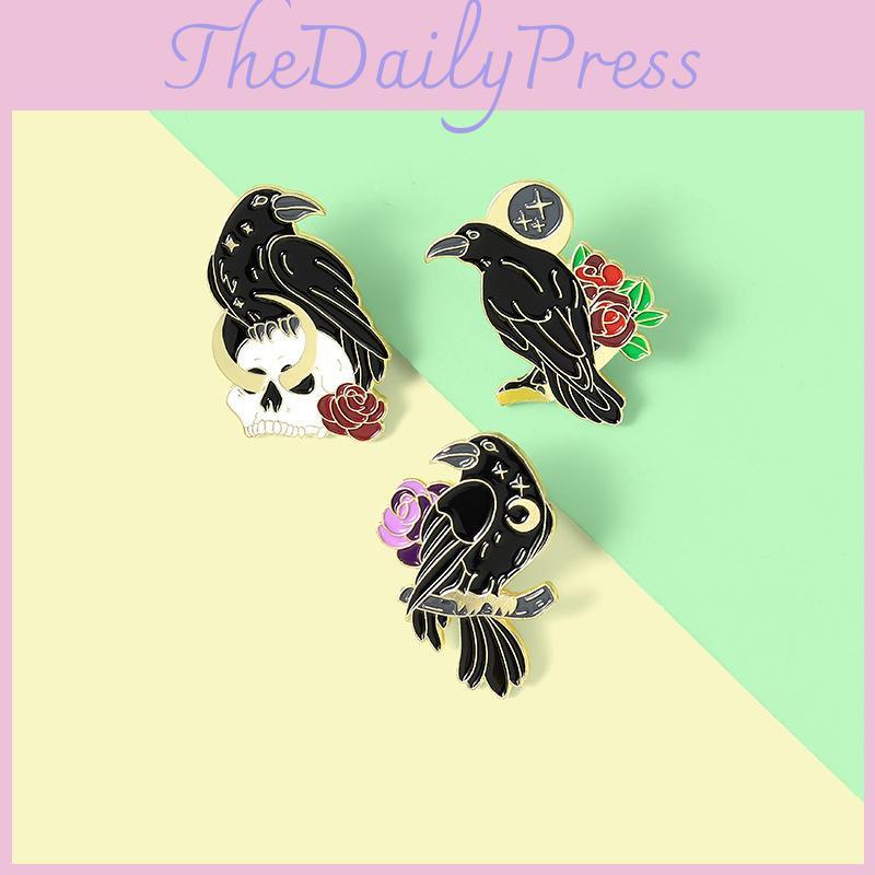 Geometric Black Bird Brooch Elegant Rose Flower Crow Enamel Pin For Fashion Lovers