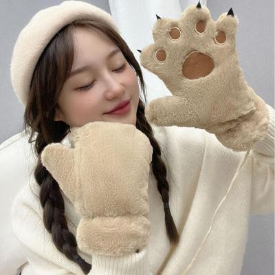 Dámské podzimní a zimní roztomilé plyšové rukavice s medvědí a kočičí tlapkou - Silné, teplé, kreslený design pro studenty