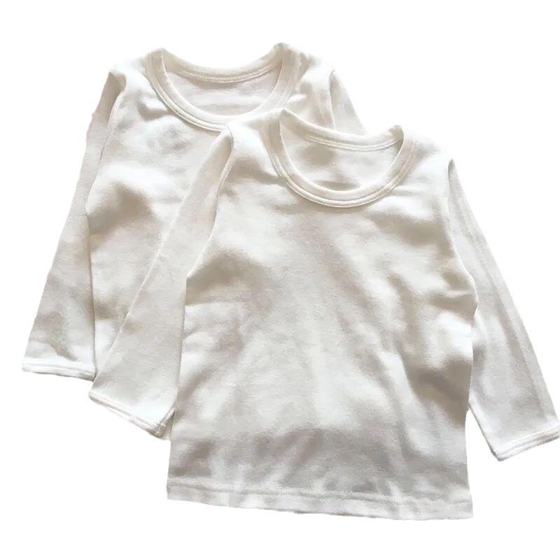 Детский топ с длинными рукавами из чистого хлопка — стиль весна-осень, цвет белый, размеры для девочек и мальчиков, от маленького до среднего.