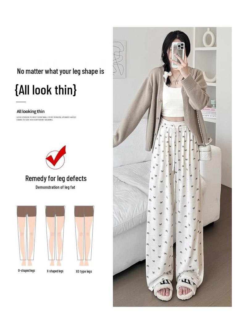 2024 Women's High-Waist Wide Leg Pants: Bow Detail, Soft Glutinous Fabric, Slimming, Casual, Petite Fit for Spring & Autumn