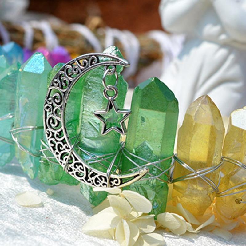 Queen Crown Headbands Natural Crystal Hairbands Women's Handmade Hair Accessories for Wedding Moon Witch Party Costumes