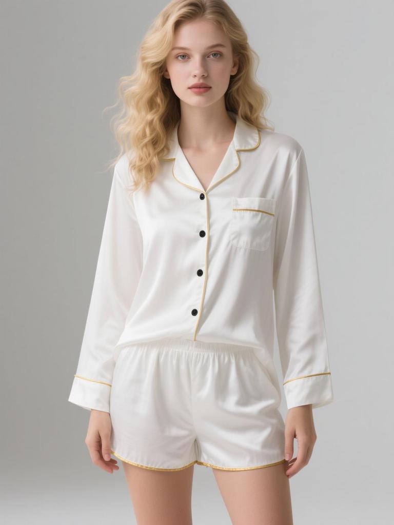 Women's Short Sleeve Faux Silk Ice Silk Pajama Set with Lapel - European Size