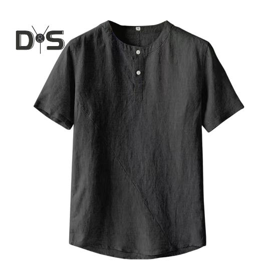 

Мужская летняя рубашка с воротником-стойкой, тонкая, свободная, с короткими рукавами, однотонная, на пуговицах, средней длины, повседневная футболка для школы, офиса, улицы M чёрный