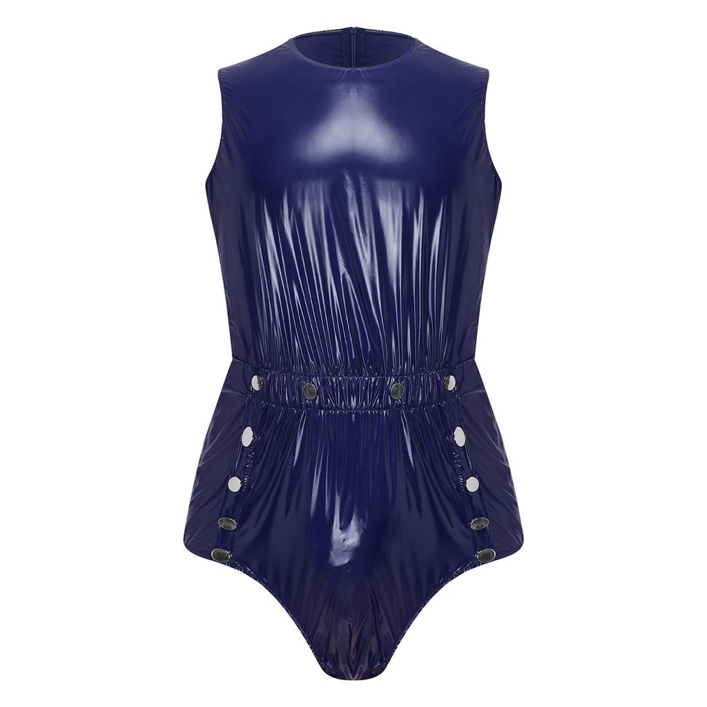Mens Waterproof Bodysuit Sleeveless Openable Crotch Buttons Back Zipper Elastic Waistband Romper