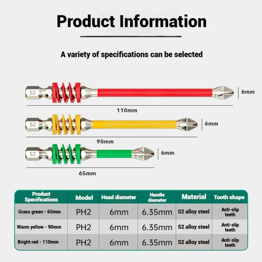 With Spring Anti-Slip Phillips Bit 65/90/110mm 1/4'' Hex Shank Impact-resistant Screwdriver Bits Magnetic High Hardness