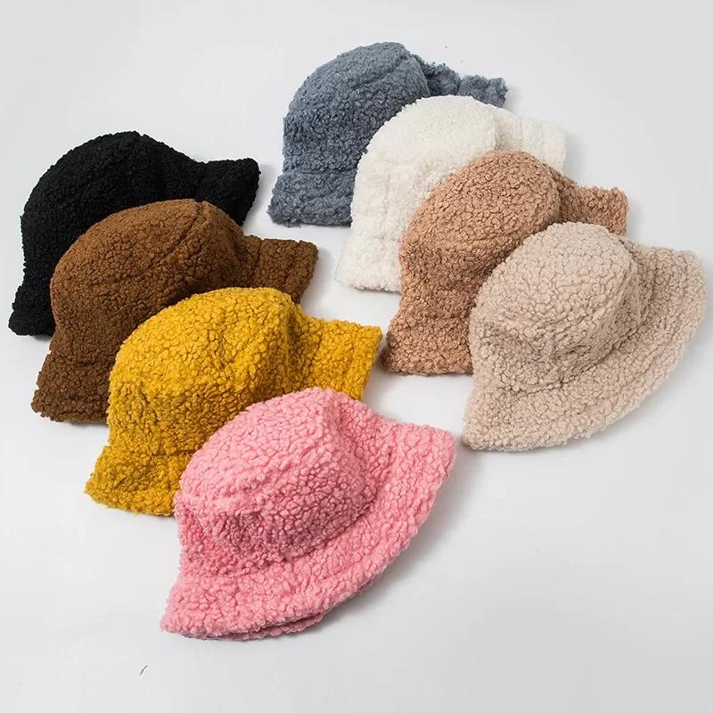 Solid Color Fur Autumn and Winter Warm Female Cap Faux Fur Bucket Hat for Women Outdoor Sunscreen Sun Hat Lady Caps Accessories