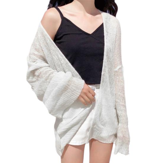 Letni płaszcz chroniący przed słońcem, sweter z otwartym ściegiem, luźny, jednolity kolor, dzianinowy, z długimi rękawami, biurowy, ciepły