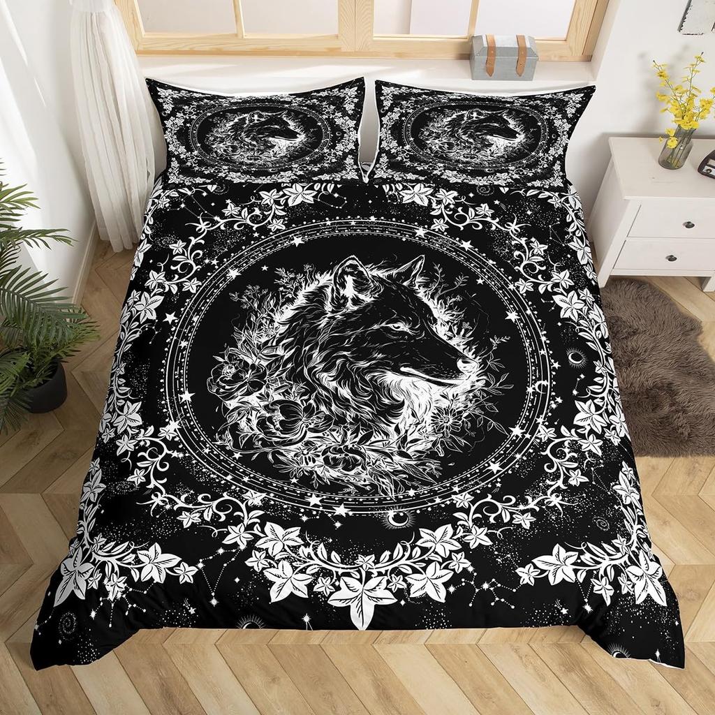 Kids Wolf Comforter Cover Full Queen Size Botanical Floral Bedding Set Wild Animal Duvet Cover Plant Flower Bedspread Cover