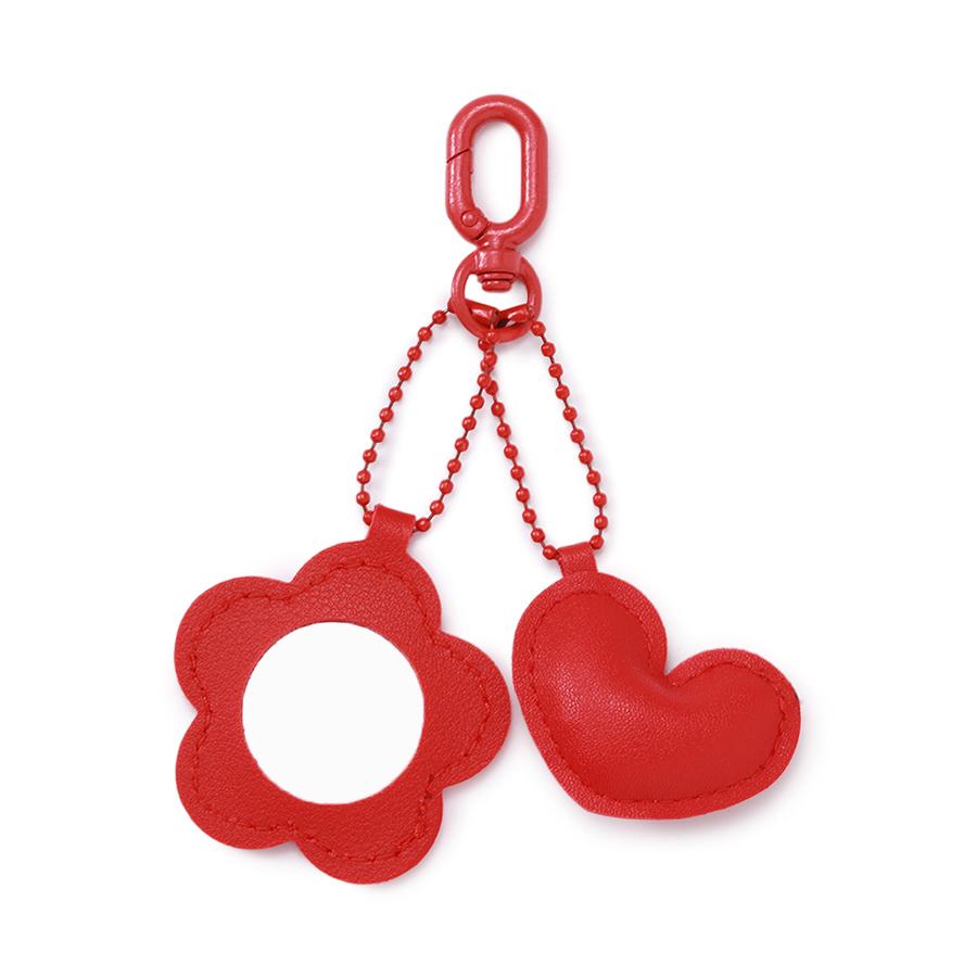 Portable Mini Makeup Mirror Keychain Red Flower Heart PU Leather Bag Pendant Women Cosmetic Mirror Key Ring Accessories Gift