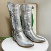Fashion IPPEUM Women Cowboy Boots Mid Calf Western Shoes Silver Pu Leather Block Heel Plus Size 44 Mid Calf Cowgirl Shoes