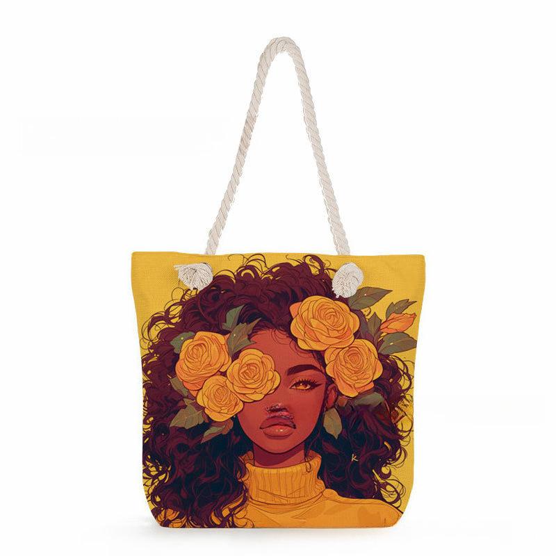 Multifunctional Rose Girl Printed Thick Rope Shoulder Beach Bag Casual Large Capacity Handbag 0247