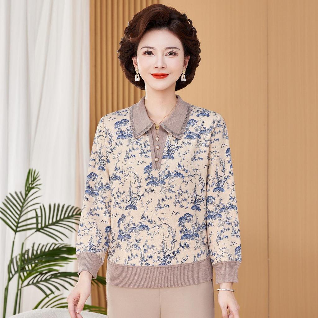 Mother's Spring Long-Sleeve Lapel Top for Middle-Aged Women in 50s-60s