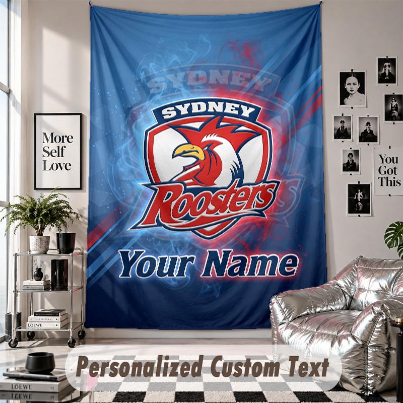 Wall Hanging Tapestry With Custom Name & Text, Sydney Roosters Decorative Tapestry For Bedroom