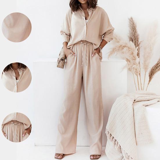 2 Piece Outfits for Women Long Sleeve Button Down Shirts And Wide Leg Pants Sets Casual Tracksuit Loungewear