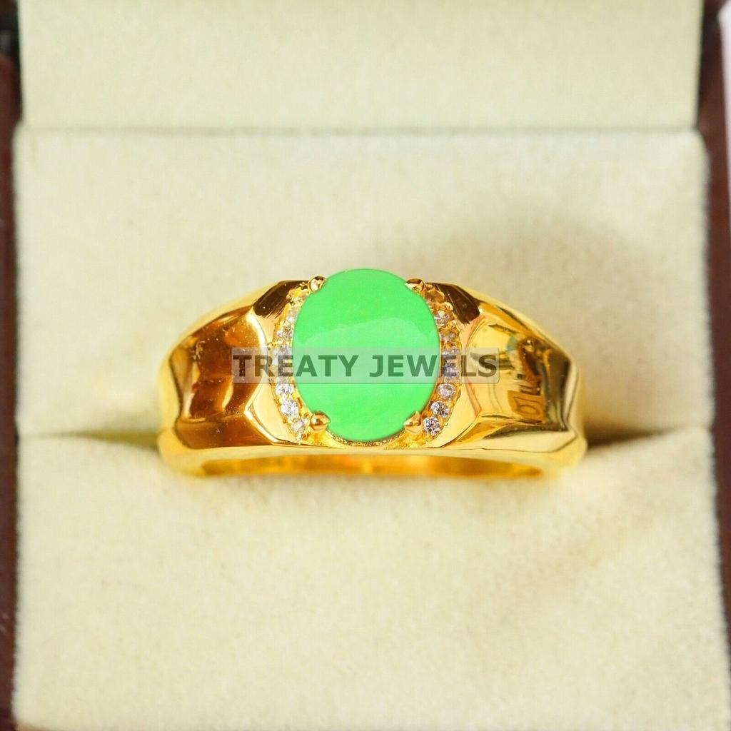 Jade Oval geschliffen Mit 925er Sterlingsilber Vergoldeter Ring Für Herren #B139 JL375671575121