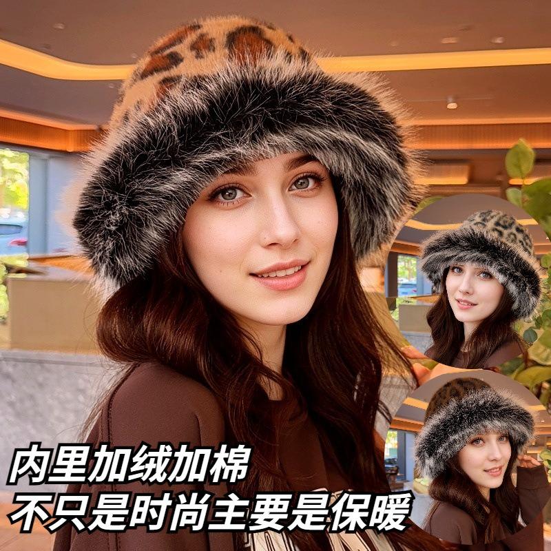 New winter cold hat women show small face ear protector basin hat leopard print thickened cotton plush warm Mongolian hat