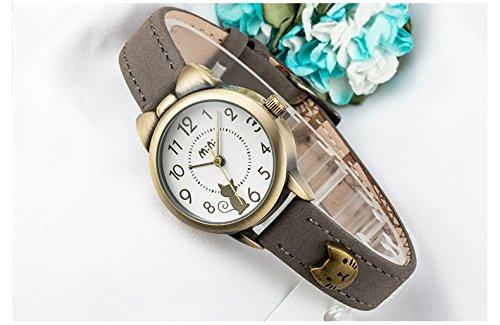 DREAMING Q&P Cute Cat Girl's Wristwatch FQ234 Gray Leather Band Girls Women Student Kids