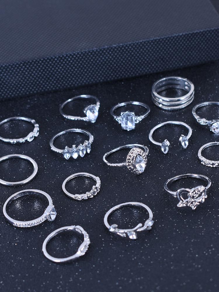 15pcs/Set Knuckle Water Drop Hollow Rhinestone Heart Design Open Rings Vintage Silver Color Women Ring Valentines Jewelry Gifts