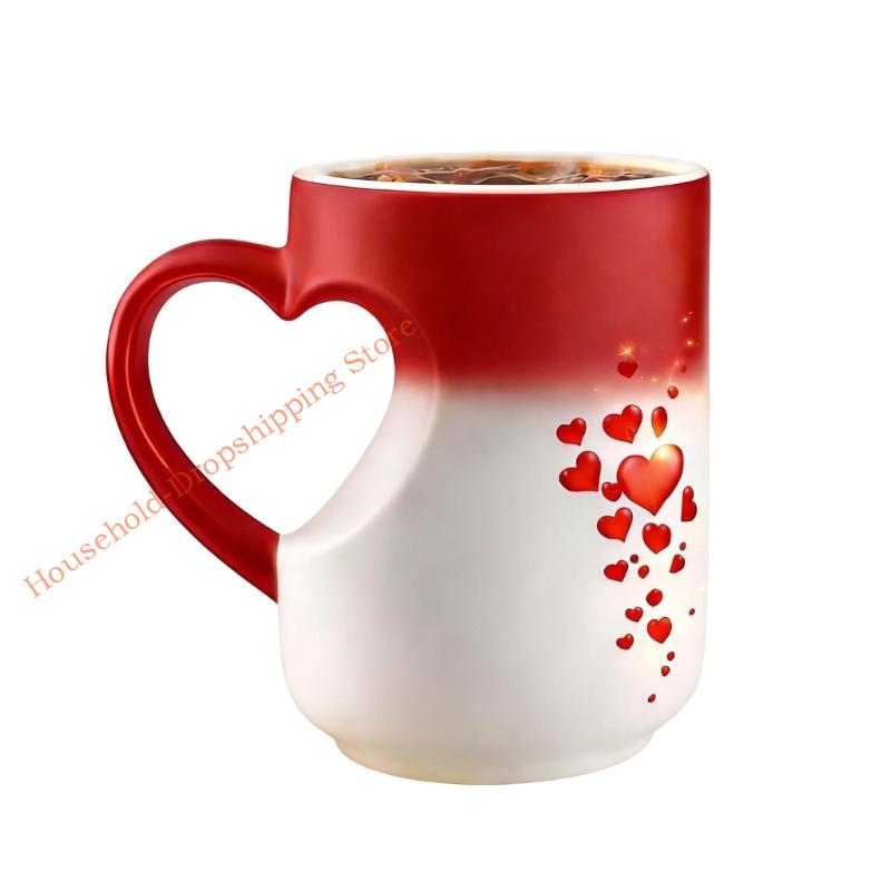 Heat Resistant Ceramic Mug with Unique Heart Handle Color Changing Coffee Cup For Home Offices Or Cafes Use 85AD
