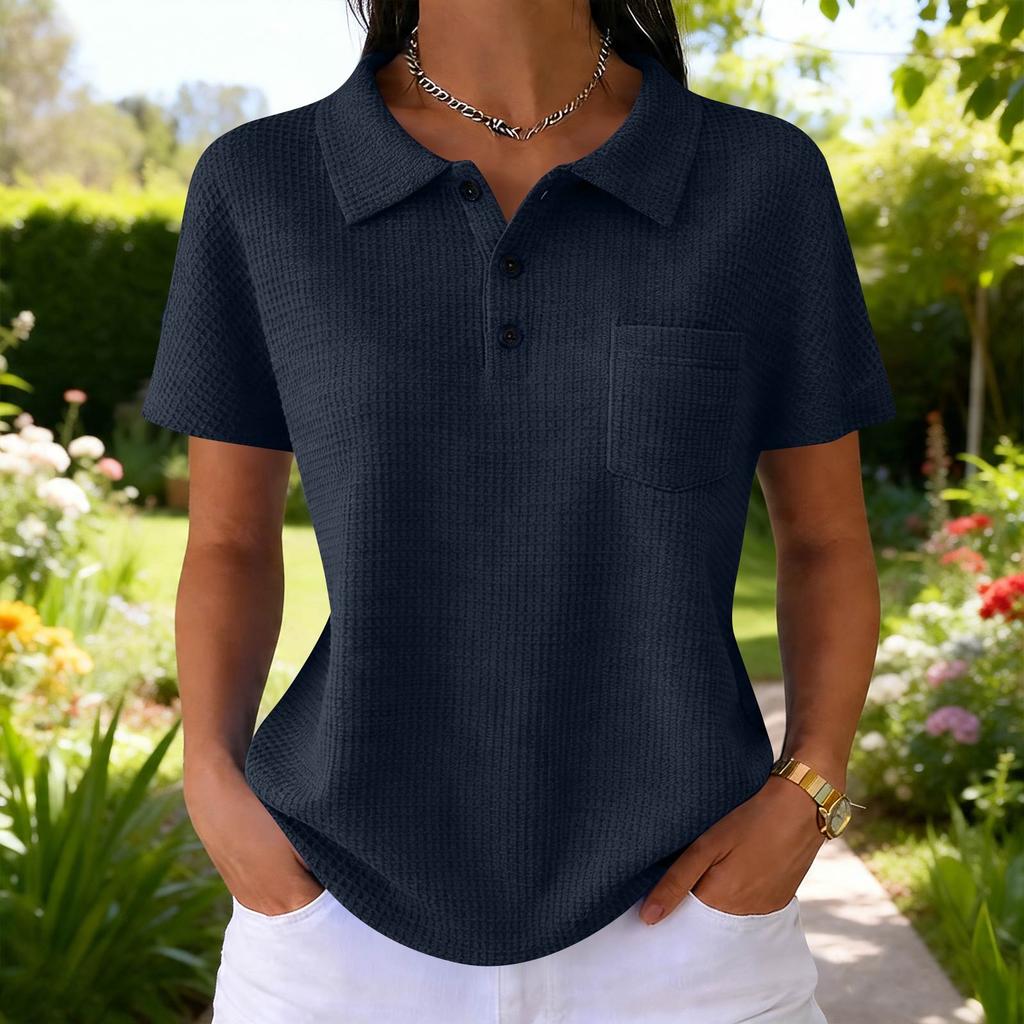 Women's Fashion Color T-Shirt — Vintage V-Neck, Button-Front, -Knit — Casual Short-Sleeve Top for Daily Commuting (Spring/Summer)