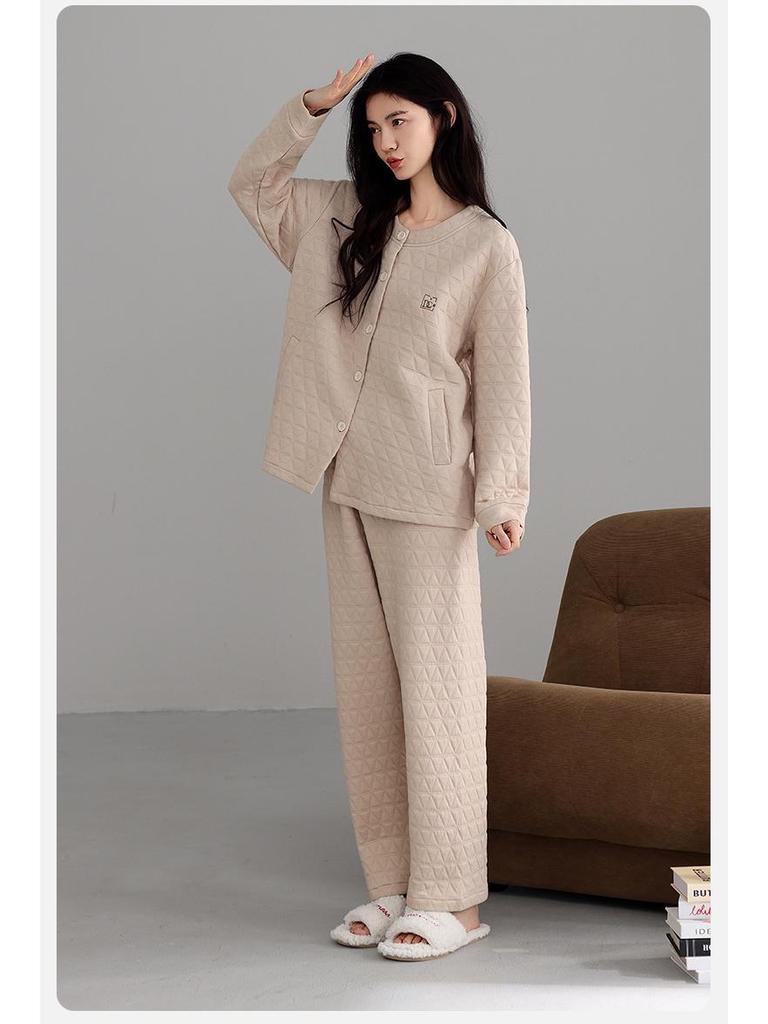 2025 Women's Winter Three-Layer Pajama Set: Thick, Warm, Simple Style, Long Sleeve & Pants