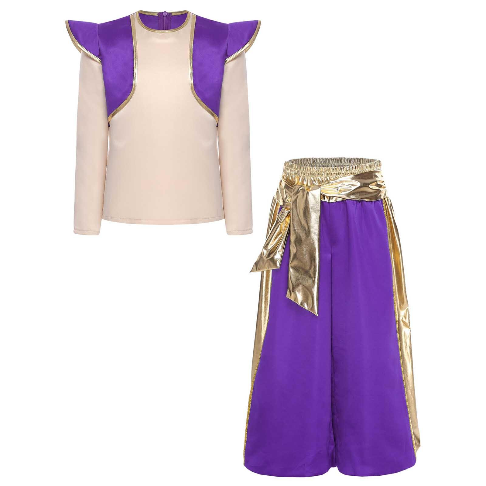 

Хлопчачий костюм арабського принца для косплею, сорочка з довгим рукавом з металізованою блискучою клаптиковою тканиною, шаровари 3-4 Years фіолетовий