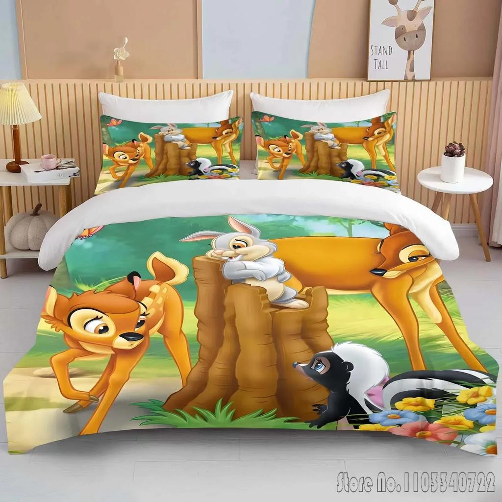 Miękki Zestaw Pościeli z Nadrukiem Bambi Poszwa na Kołdrę Anime Kołdra Dorosły Dzieci Prezent Urodzinowy Pełny Rozmiar King Size Zestaw Pościeli
