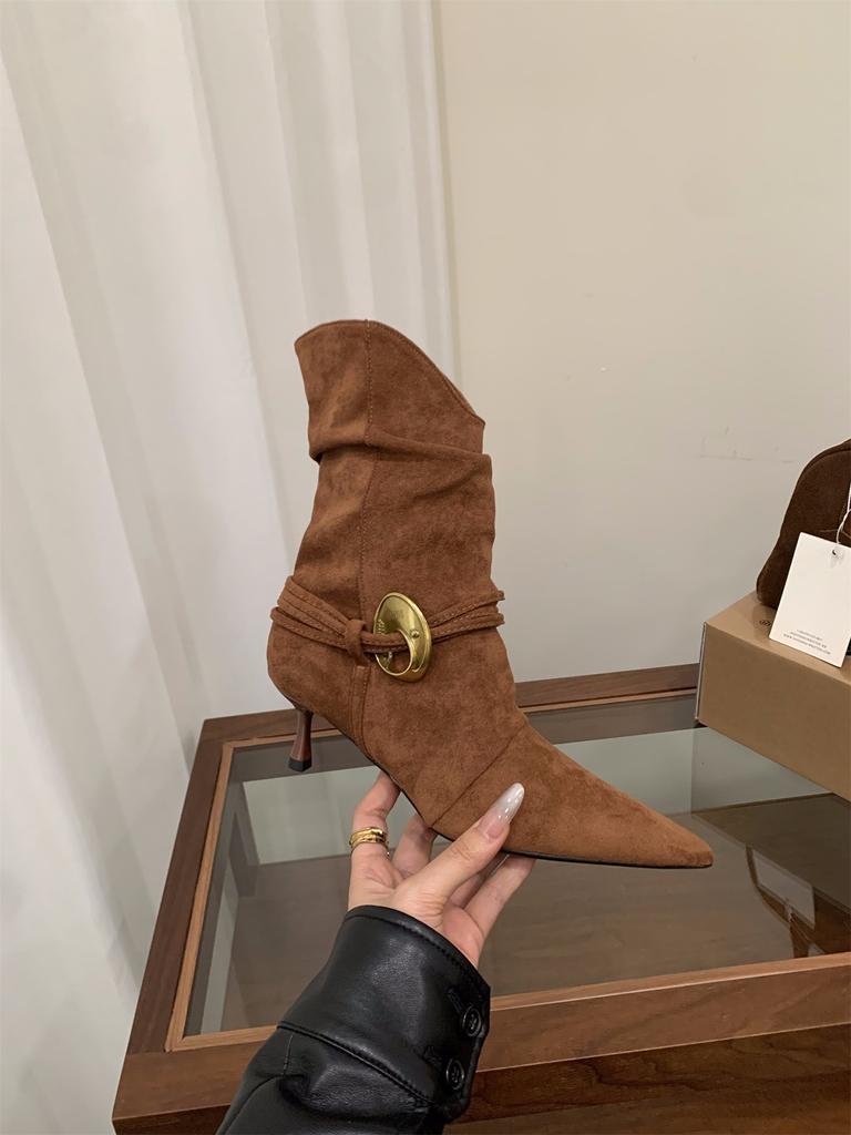 High Heel Pointed Pile Boots Medium Knight Boots Season Western Cowboy Brown Skinny Boots