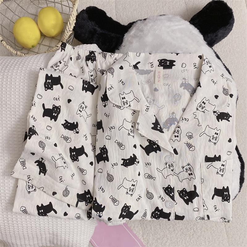 Cartoon Letter Cat Print Women's Pajamas Set New Spring Soft Casual Pajamas Set for Women Korean Cute Home Wear