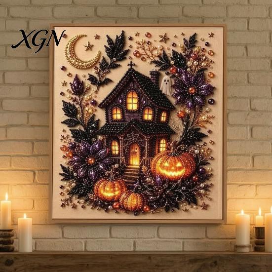 Interactive Parent Child Crafts Halloween Faux Pearl Art Kit, Pumpkin Ghost DIY Painting Theme Bead 3D Craft Set for Adults, Handmade Wall Stress