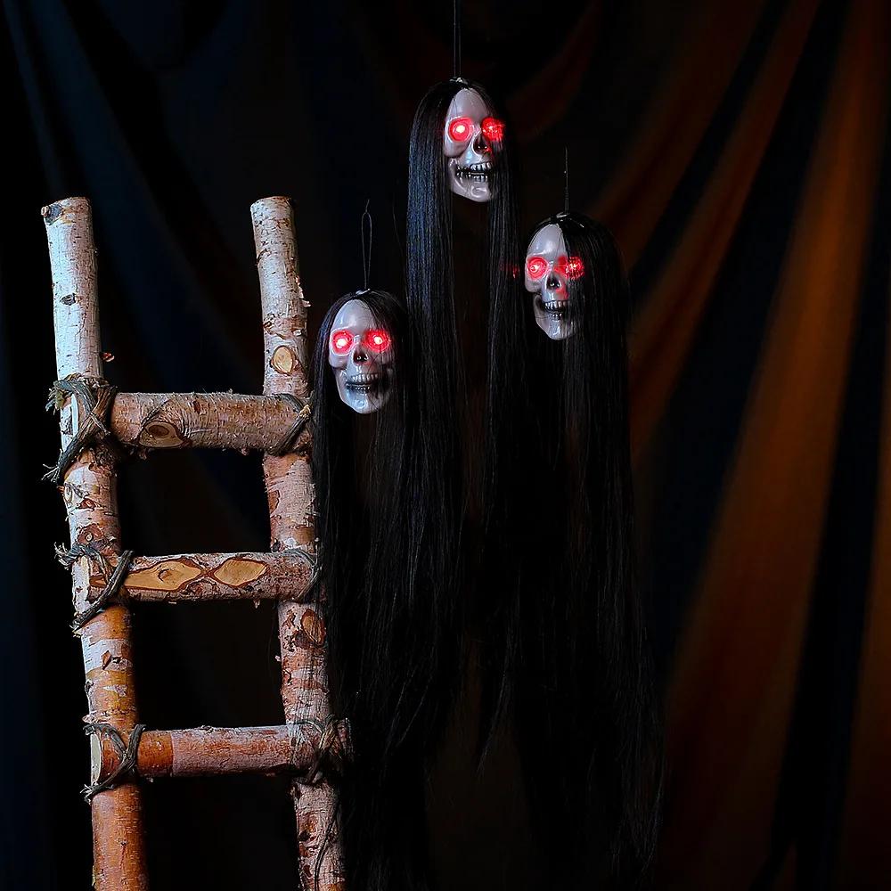 30PCS New Halloween Hanging Long Hair Ghost Skeleton LED Light-emitting Horror Skeleton Ghost Bar Haunted House Decoration Props