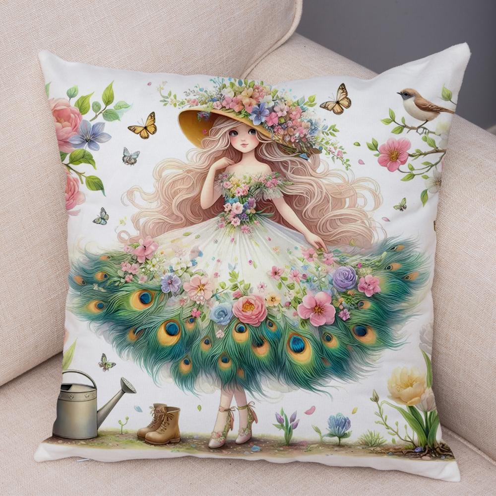 Pfau Blumenmädchen Kissenbezug Doppelseitiger Druck Kissenbezug Dekor Niedlich Cartoon Kind Weicher Plüsch Kissenbezug für Sofa Zuhause 45x45cm