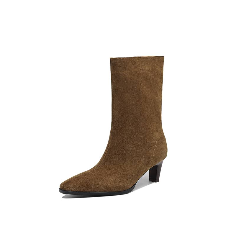 Krazing Pot Cow Suede Nubuck Autumn Winter Shoes Thick High Heels Big Size 43 Modern Boots Square Toe Keep Warm Slip on Mid-calf Boots
