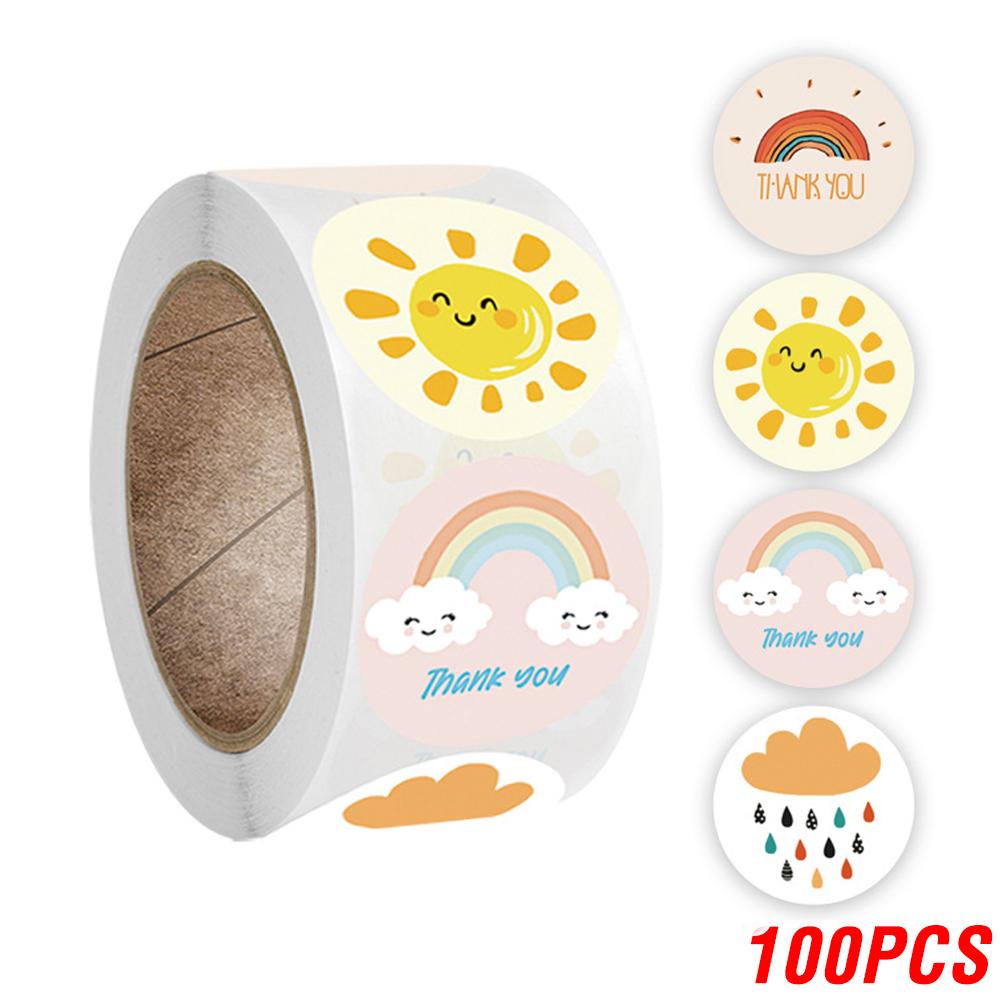 

100-500 Pcs Round Thank You Stickers Cute Cartoon Sun Rainbow Clouds Sticker For Handmade Gift Decor Labels Kids Reward Sticker