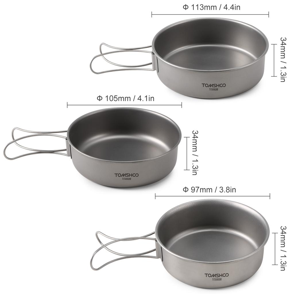 TOMSHOO 3pcs Titanium Bowls Set Ultralight Titanium Dinner Bowl Pan with Foldable Handles for