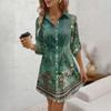 Women's Loose-fitting V-neck Long-sleeved Dress Print Work Shirt Dress