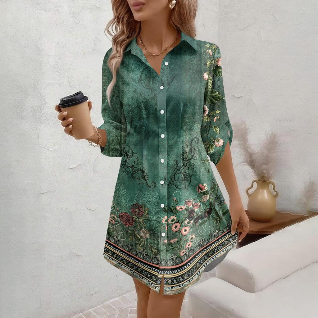 Women's Loose-fitting V-neck Long-sleeved Dress Print Work Shirt Dress