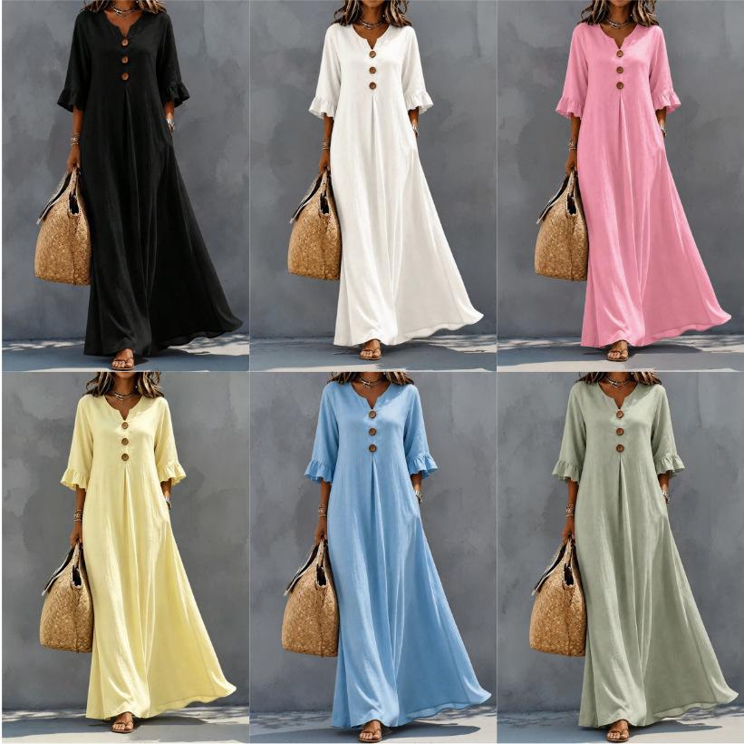 Women's autumn new solid color V-neck dress, fashionable temperament loose pendulum dress