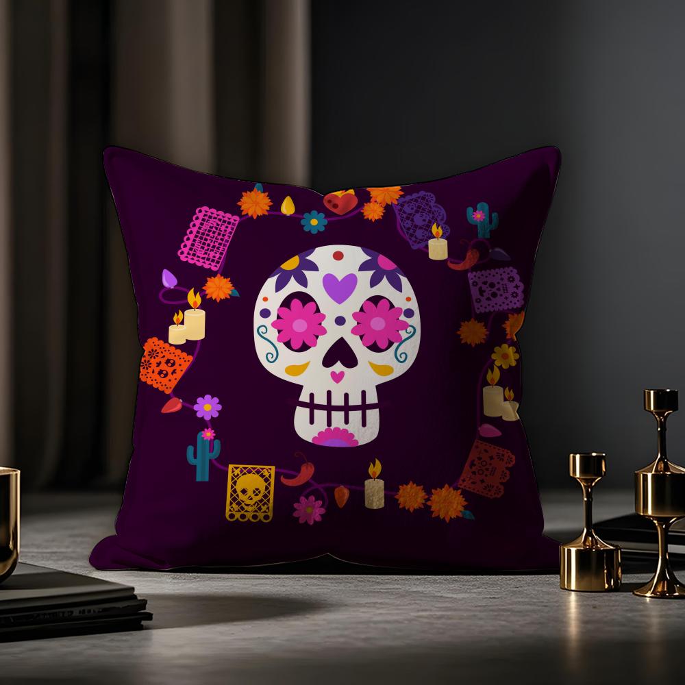 Mexico Easter Flower Skeleton Cushion Cover Case Antidustmite Pillowcase Invisible Zipper Silky Short Plush Sofa Cushion Cover