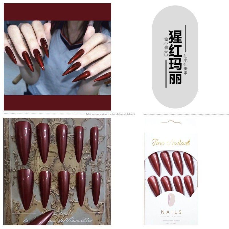 

Sexy Red Crystal Cat s Eye Wear Nail Long Pointed Nail Stickers Fashion Wind Cos Finished Cross-Border Fake Nail Tip 23-scarlet Mary