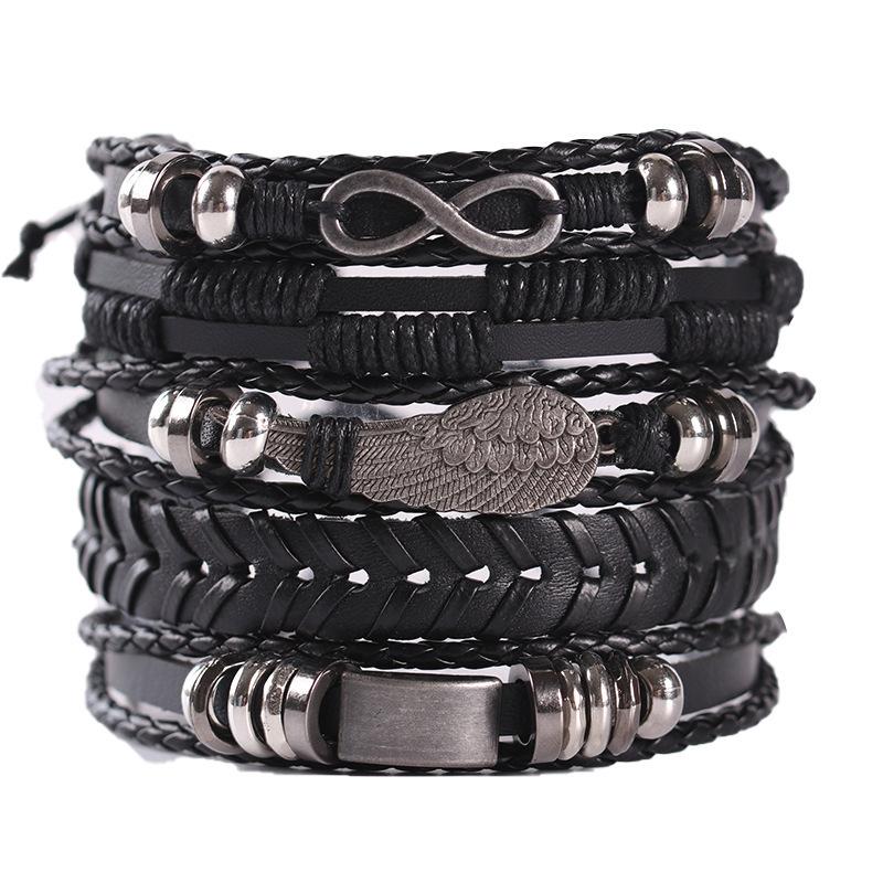 Men's Punk Skull Leather Bracelet Set Multi-Layer Gothic Rock Chain Bracelets Pentagram Charm Hip Hop Streetwear Badge Jewelry Accessories for Him